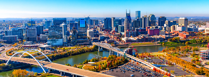 Buildings of downtown Nashville, Tennessee along the Cumberland River shot from above via helicopter at an altitude of about 800 feet.