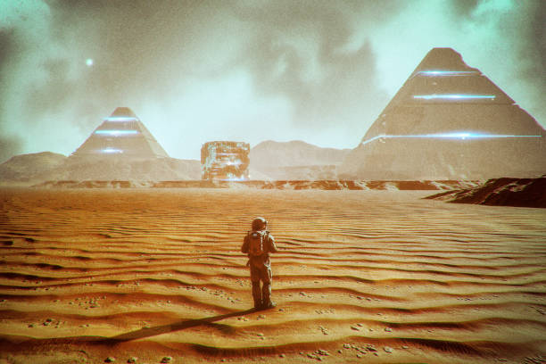 Astronaut walking on exo planet with mysterious pyramids in the distance