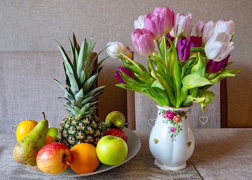 Still Life fruit and tulips flowers