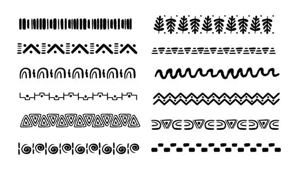 Vector illustration of Set african tribal motive border in doodle hand drawn style from geometrical shapes isolated on white background. boho scandinavian srtoke, traditional native decor. Vector illustration