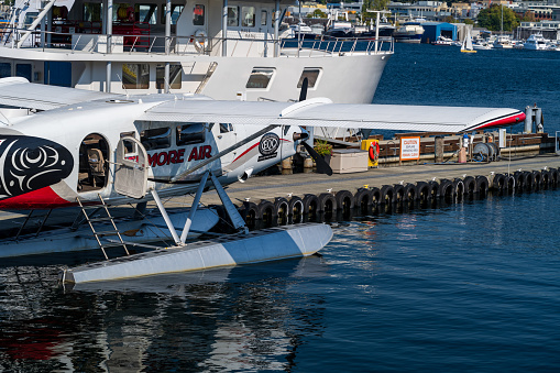 Seattle WA, USA - September 22, 2023: A seaplane at the South Lake Union dock.