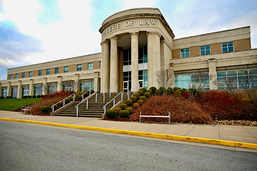 Morgantown, West Virginia, USA - November 24, 2023: Steps lead to the main entrance of the West Virginia University College of Law.