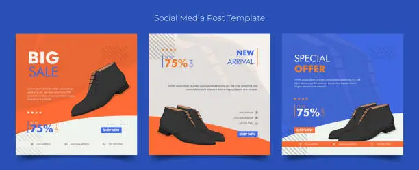 Vector illustration of Social media template with leather shoe in simple white orange background for advertising design