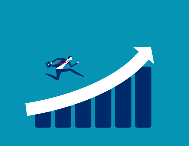 パフォーマンス改善の棒グラフで上昇矢印を駆け上がったリーダー。ビジネス成長ベクトル図 - performance improvement graph growth点のイラスト素材／クリップアート素材／マンガ素材／アイコン素材