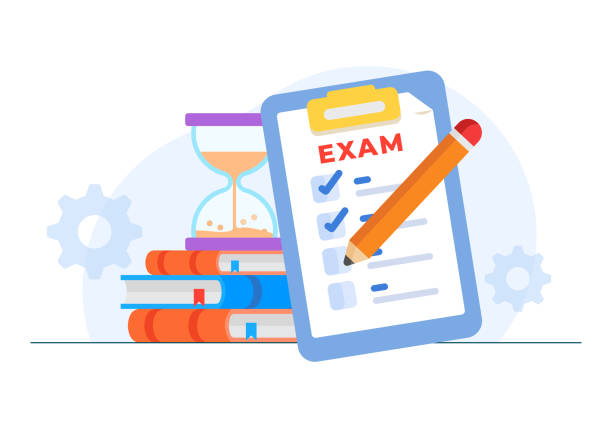 ilustraciones, imágenes clip art, dibujos animados e iconos de stock de concepto de examen con una lista de verificación, libros, temporizador, reloj de arena, lápiz - stopwatch clipboard exam vector