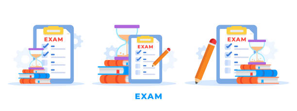 ilustraciones, imágenes clip art, dibujos animados e iconos de stock de conjunto de conceptos de examen en línea con una lista de verificación, libros, temporizador, reloj de arena, lápiz - stopwatch clipboard exam vector