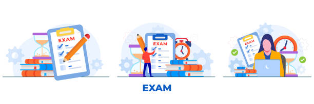 ilustraciones, imágenes clip art, dibujos animados e iconos de stock de conjunto de concepto de examen, prueba en línea, ilustración plana de concepto de educación, personajes de estudiantes que se enfrentan a exámenes en línea - stopwatch clipboard exam vector