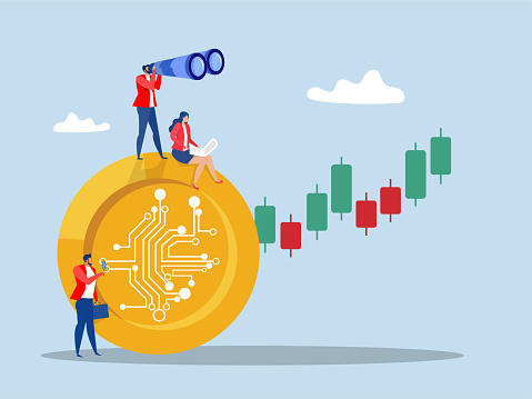 Cryptocurrency investment  ,team people business analyst use telescope climb up crypto coin to see opportunity,vision ,high profit crypto coin, future growth concept vector illustrator
