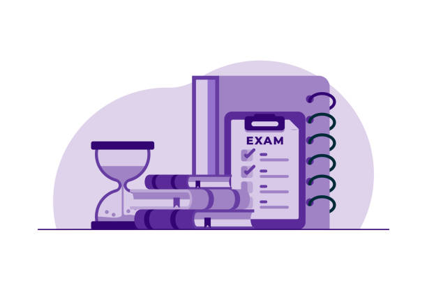 ilustraciones, imágenes clip art, dibujos animados e iconos de stock de concepto de examen con lista de verificación, libros, temporizador, reloj de arena - stopwatch clipboard exam vector