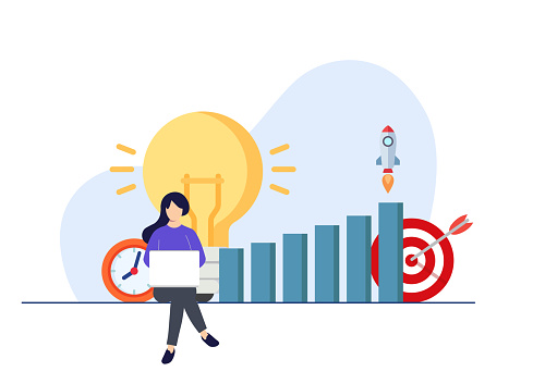 productivity flat illustration, Self-management, Performance increase, Female character working hard to achieve goals, Time management concept for landing page, web banner, social media, infographic