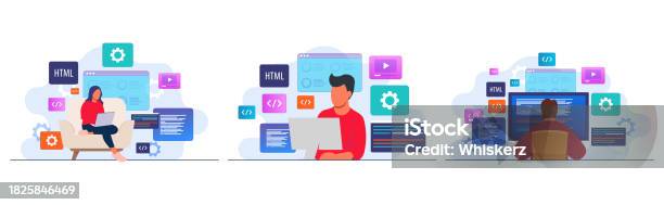Set Of Programming And Coding Flat Illustration Vector Templates People ...