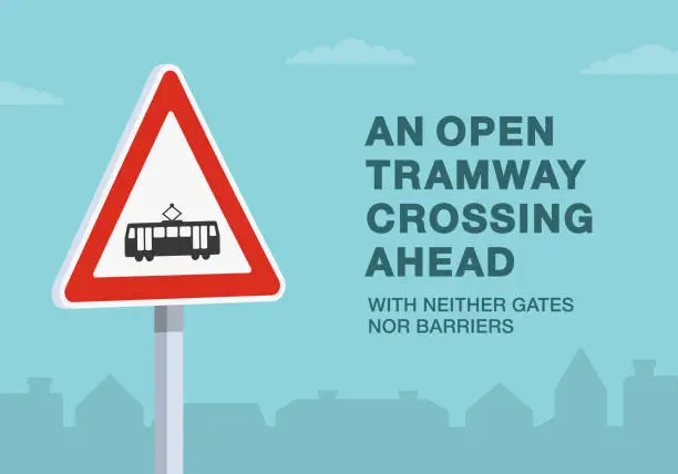 Vector illustration of Safe driving tips and traffic regulation rules. An open tramway crossing ahead without barriers. Close-up of a road sign. Vector illustration template.