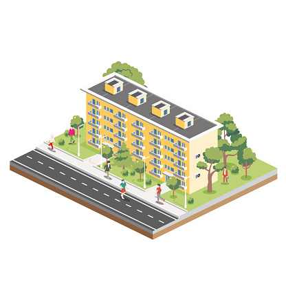 Isometric residential five storey building with people, road and trees. Icon or infographic element. Vector illustration. City home. Architectural symbol isolated on white background. 3D object.