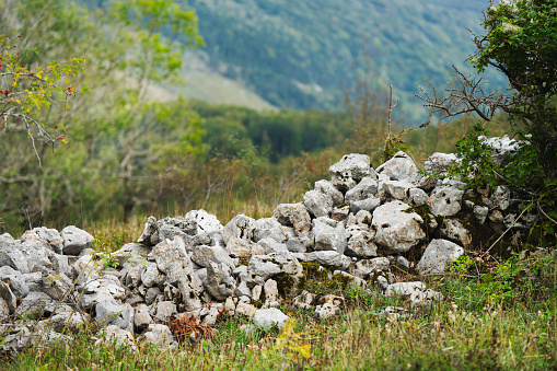 Old stonewall on a autumnal mountain meadow in Croatia.