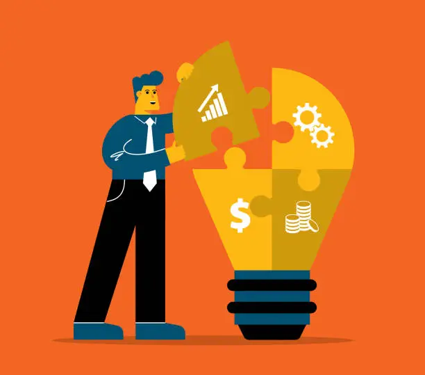 Vector illustration of jigsaw puzzle - light bulb - Businessman