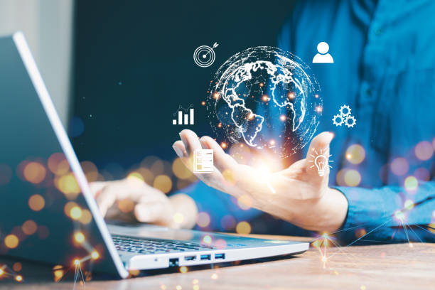 istock man Hand holding virtual Global Internet connection metaverse. Business global internet connection application technology and digital marketing, Financial and banking, Digital link tech, big data. 1826012731