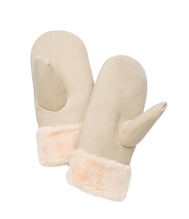 A pair of warm beige mittens insulated on a white background. The concept of protecting hands from the cold.