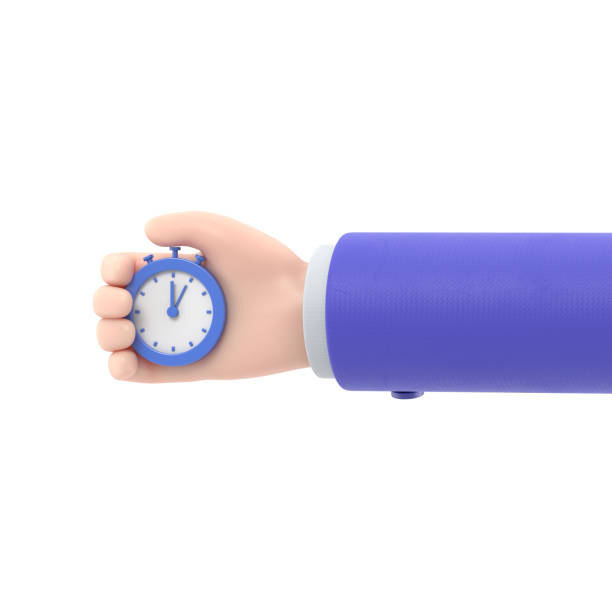 istock Cartoon Gesture Icon Mockup.Cartoon hand with a stopwatch.3D rendering on white background. 1826029963