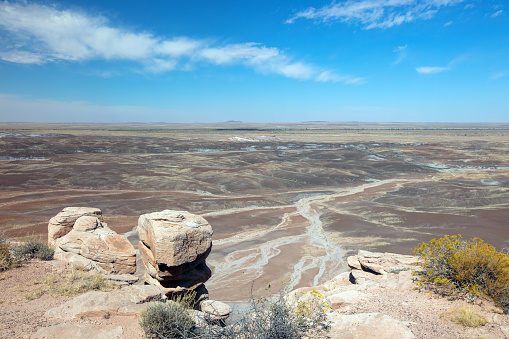 Arid landscape view of Petrified Forest National Park in Arizona United States
