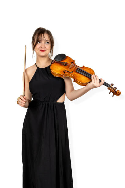 istock Young violinist woman on white background 1826043994