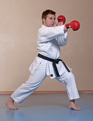 Martial arts black belt karate young man portrait wearing red gloves.