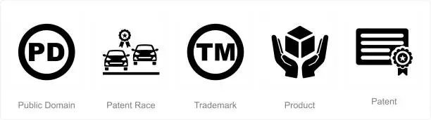 Vector illustration of A set of 5 Intellectual Property icons as public domain, patent race, trademark