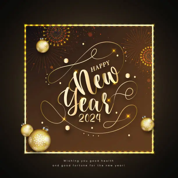 Vector illustration of 2024 numbers on dark backdrop with fireworks in Chinese style. Happy New Year event poster, greeting card cover, 2024 calendar design, invitation to celebrate New Year.