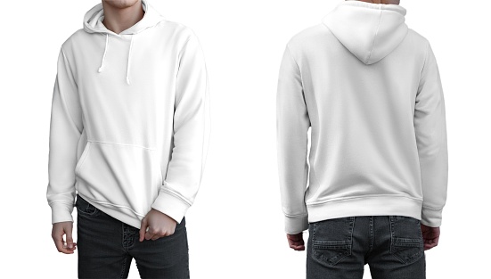 Hoody set, White hoody front and back view, hood mock up. Empty male hoody copy space. Front and rear background