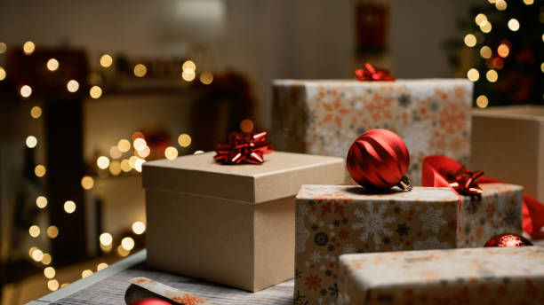 istock Christmas presents with red balls and flakes 1826177376