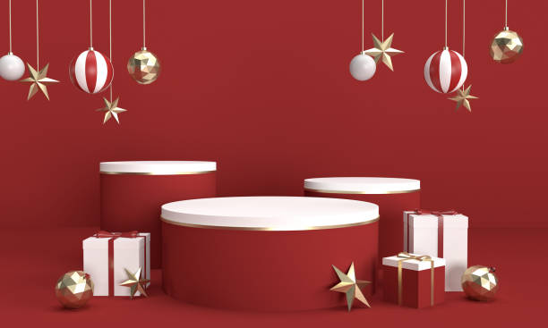 istock 3D red christmas background with product podium and ornaments. 1826196959