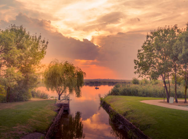 湖の向こうに燃え盛る夕日を眺め、遠くの木々がシルエットで浮かび上がります。 - lake sunset lake dusk water ストックフォトと画像