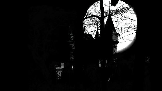 horror 3d illustration of  Mysterious Medieval Castle in black style