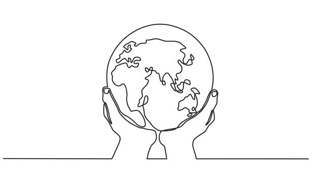 Animated video of a hand holding a globe in continuous line style.