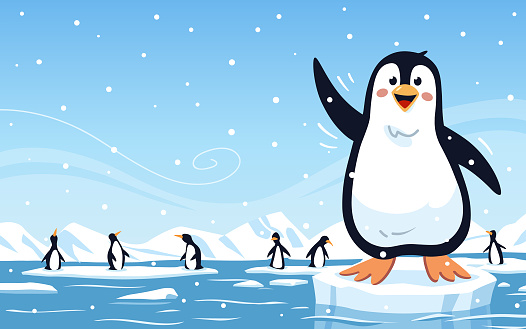 A cute Penguin standing on an ice floe waving at the camera. In the background is an arctic landscape with the sea, icebergs and penguins. Vector illustration with space for text.