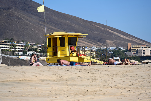 Jandia, Fuerteventura, Spain, November 18, 2023 - Lifeguard tower on the beach of Jandia / Matorral Beach, Fuerteventura, Spain.