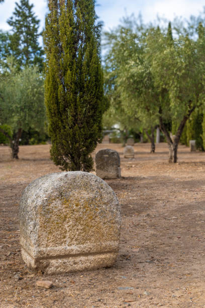 pierres tombales romaines en pierre et cyprès du cimetière romain de la zone funéraire de los columbarios à mérida, en espagne. - dolmen stone grave ancient photos et images de collection