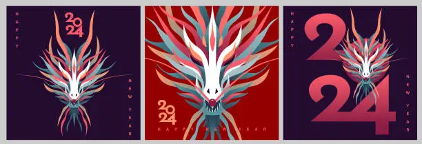 Vector illustration of Vibrant Dragon Head Series Design, Celebrating 2024 Chinese New Year Greeting Cards