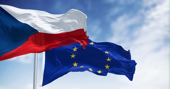National flag of Czech Republic waving in the wind with European Union flag on a clear day. 3d illustration render. Rippling fabric