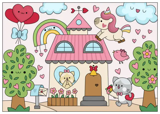 Vector illustration of Vector cartoon Saint Valentine day scene with cat family, unicorn, rainbow, house. Cute kawaii colored outlined illustration with love concept. Garden landscape with hearts. Icon for kids