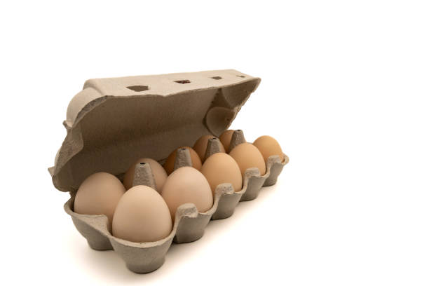 istock Cardboard egg box with ten chicken eggs isolated on white background with copy space. 1826290291