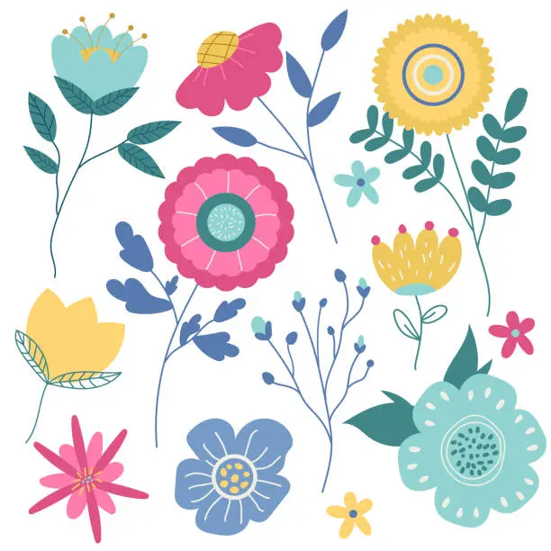 Vector illustration of Set of vector doodle flowers