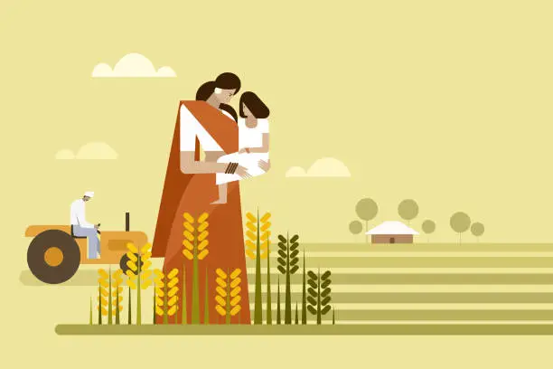 Vector illustration of Illustration of an Indian rural woman carrying her daughter against a farm background