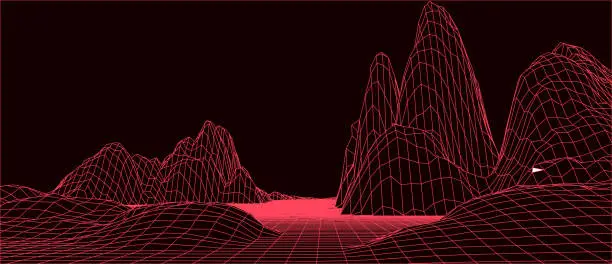 Vector illustration of Abstract digital landscape. Wireframe landscape background. 3d futuristic vector illustration.