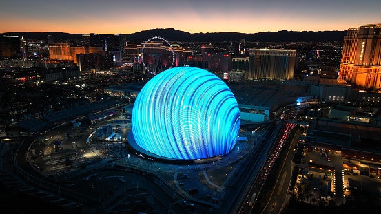 Sphere At Las Vegas In Nevada United States. Landmark Tourism Travel. Illuminated Las Vegas Skyline. Sphere At Las Vegas In Nevada United States.