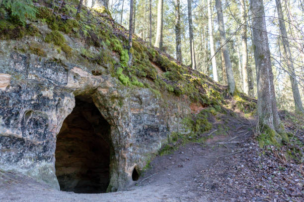istock a rock cave in a wooded area with a walking path behind it 1826338805