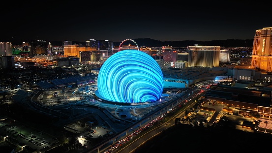 Sphere At Las Vegas In Nevada United States. Famous Night Landscape. Entertainment Scenery. Sphere At Las Vegas In Nevada United States.