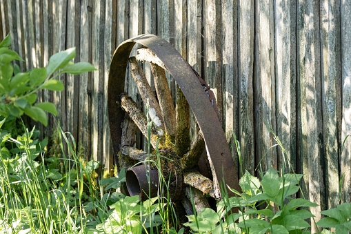 an old wheel of a horse-drawn carriage leaning against a boarded wall in the grass