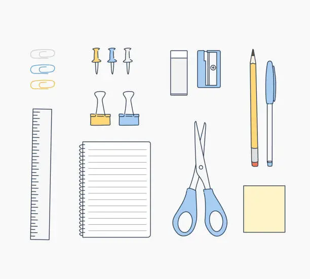 Vector illustration of Notebook vector set with school items and office supplies isolated in white background for educational and back to school elements.