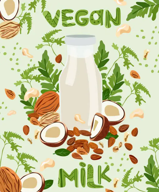 Vector illustration of Plant based milk concept, Non dairy, plant based beverages in bottl glass, ideal for a wholesome diet. Organic lactose free milk with almond, cashew, pine nut, coconut. Organic nutrition.