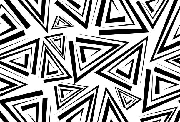 Abstract triangles seamless pattern on white background Abstract black triangles seamless pattern on white background. Irregular triangle sizes and thickness of line art. Repeatable pattern. Can be used for textile, apparel, t shirt, wall decor, background, wrapping paper and various print on demand products abstract shirts stock illustrations